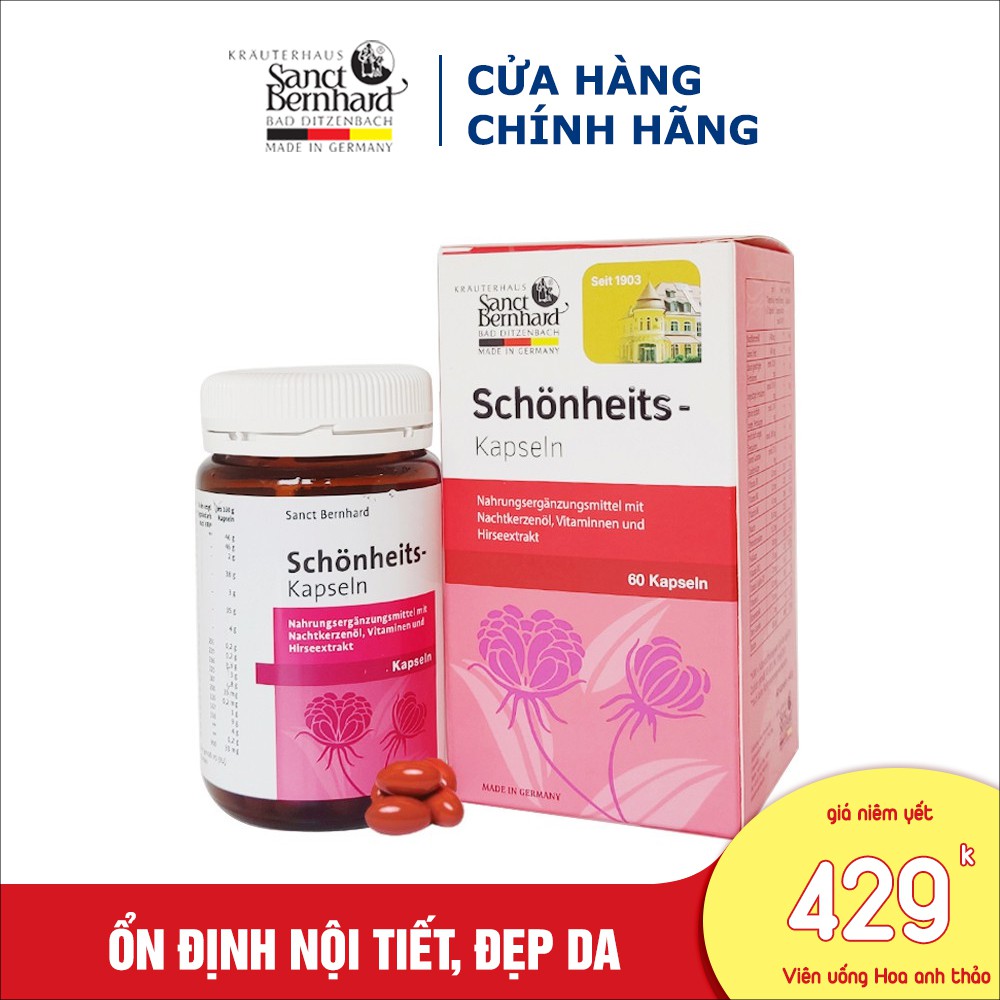 Viên uống đẹp da Tinh dầu hoa anh thảo Schonheits ổn định nội tiết (hộp 60 viên)- [ Chính hãng Sanct Bernhard Đức]