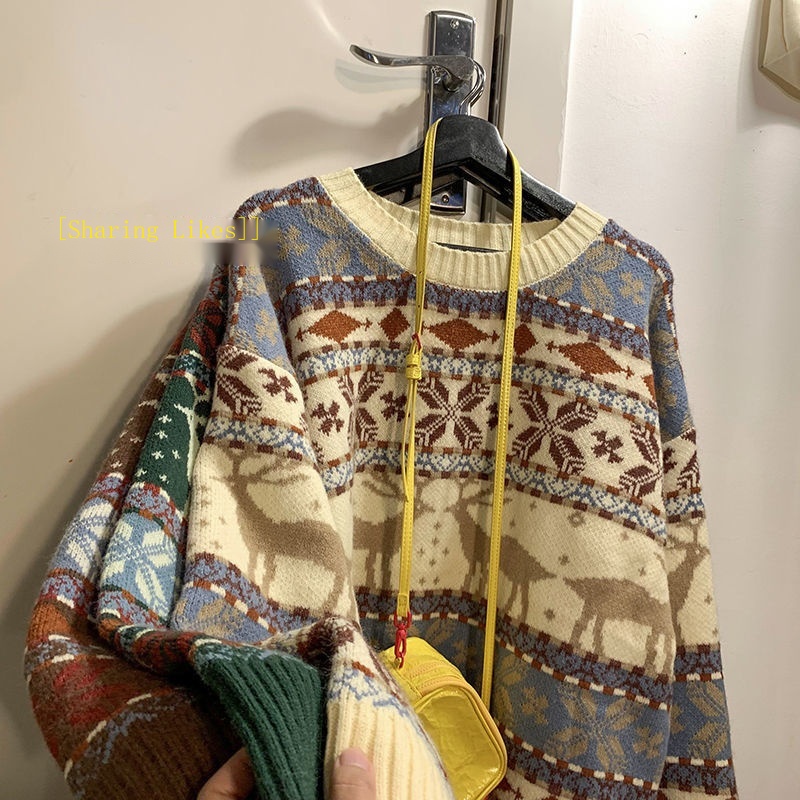 Áo Sweater Dệt Kim Dáng Rộng In Hình Tuần Lộc Kiểu Retro Nhật Hàn Thời Trang Mùa Đông Cho Các Cặp Đôi