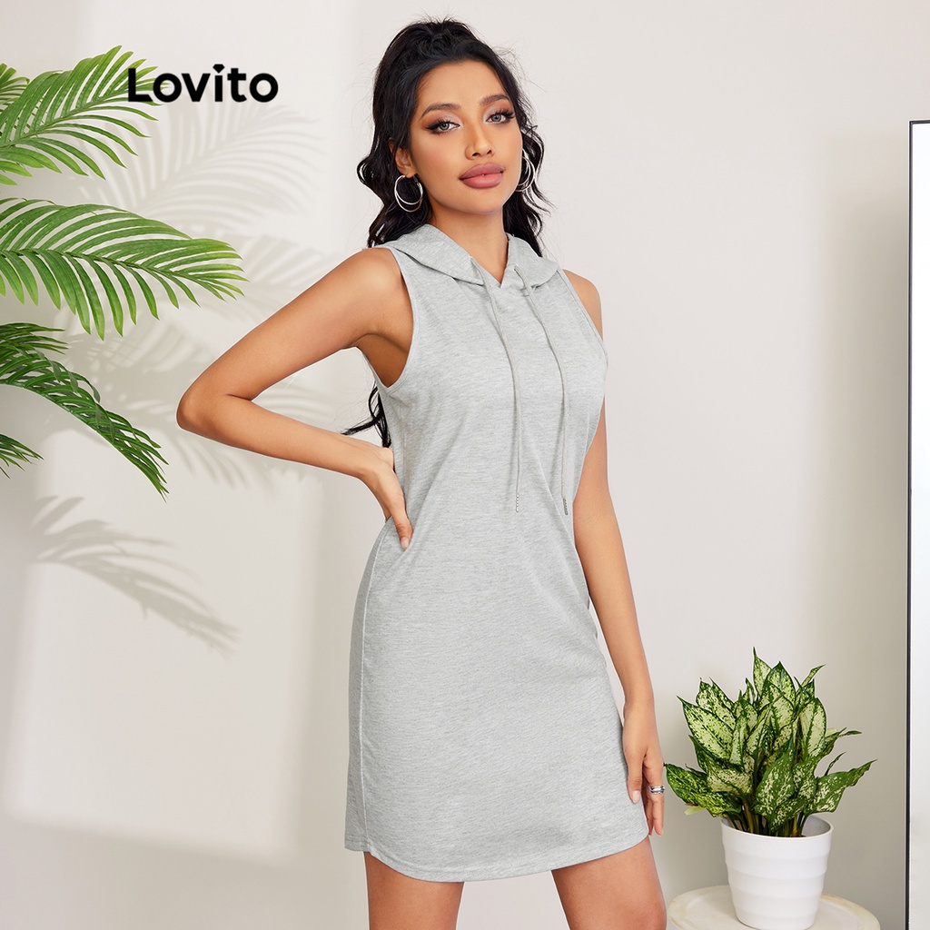 Đầm Lovito không tay có mũ trùm dây rút màu trơn phong cách thường ngày L27LD044 (màu xám)