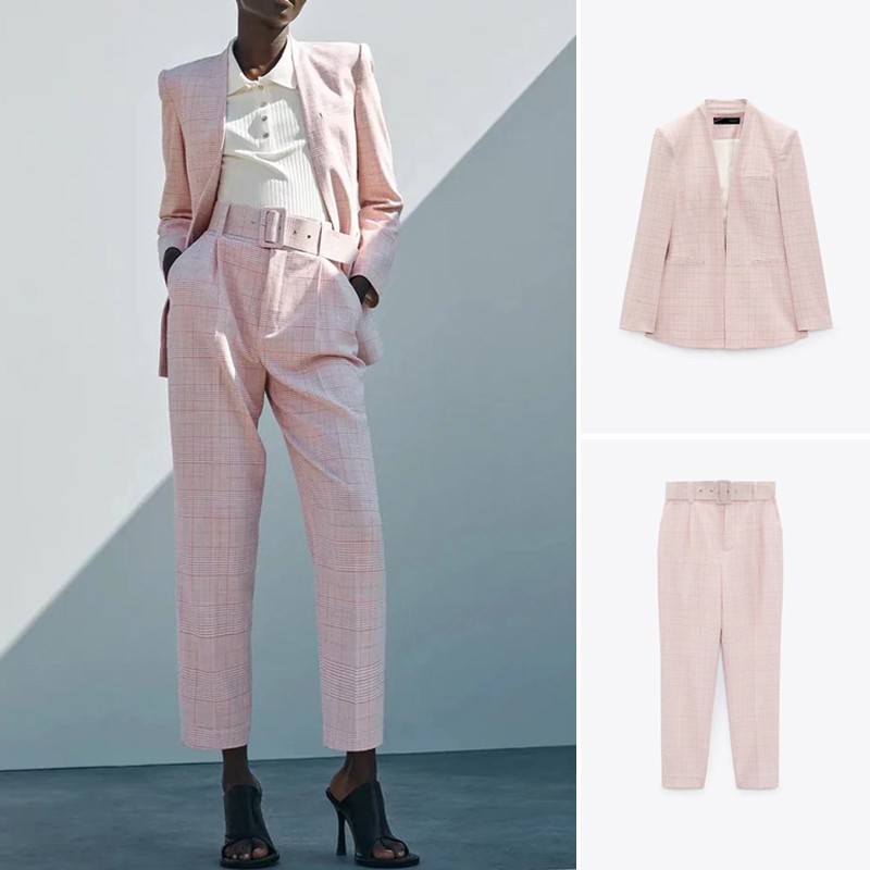 BỘ ÁO BLAZER VÀ QUẦN NỮ KẺ CARO MÀU HỒNG TRẮNG - 2753/321 2753/221