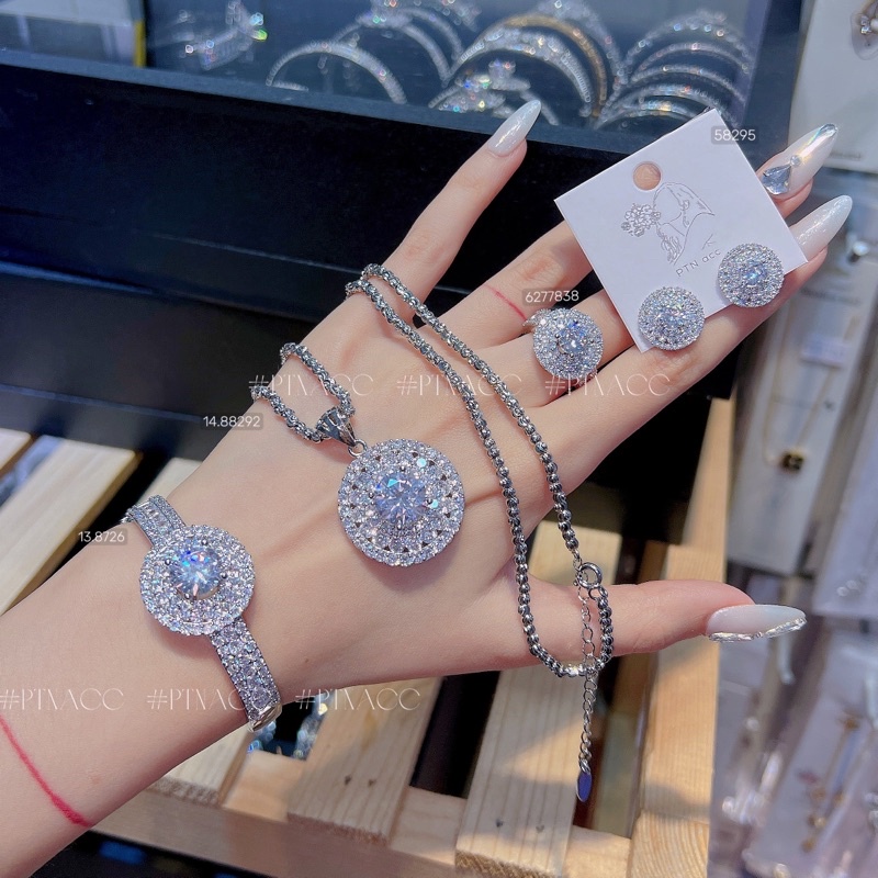 Bộ trang sức xi bạch kim, set bông tai, khuyên tai, dây chuyền, vòng cổ, nhẫn, vòng tay đính full soàn dáng tròn .PTNACC