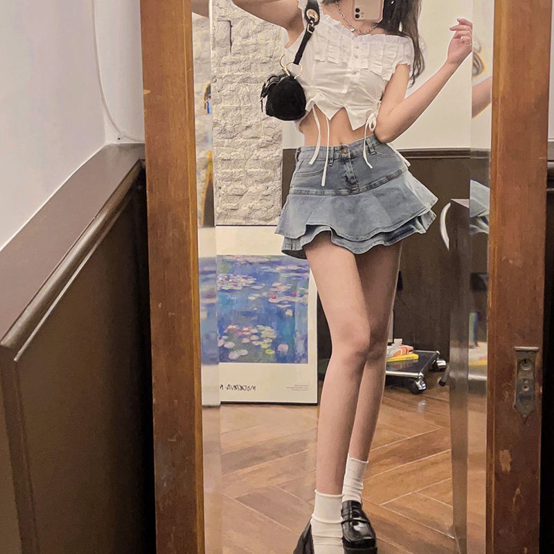 Chân váy jean chữ A lưng cao phong cách gợi cảm thời trang cho nữ 2023