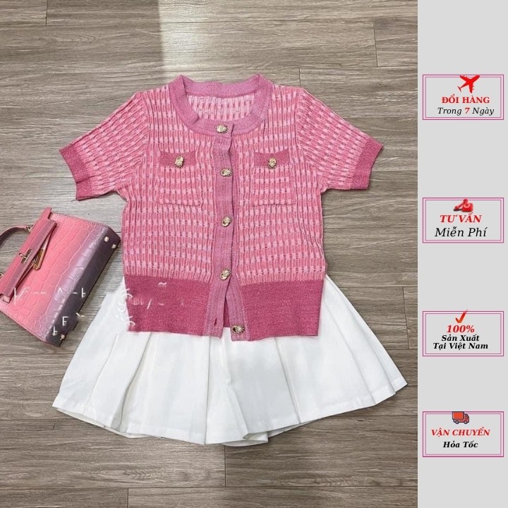 Áo cardigan len hồng tay ngắn phối cúc ngọc phong cách ulzzang Hàn Quốc thời trang yolo fashion