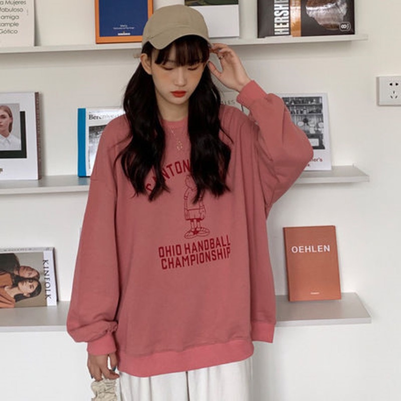 Áo Thun Nỉ Tay Dài Dáng Rộng In Họa Tiết Thời Trang Cho Nữ