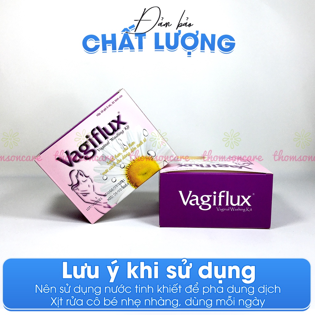 Bình rửa vệ sinh phụ nữ Vagiflux gồm 1 bình rửa và 10 gói muối, tạo thành dung dịch vệ sinh rửa phụ khoa sâu