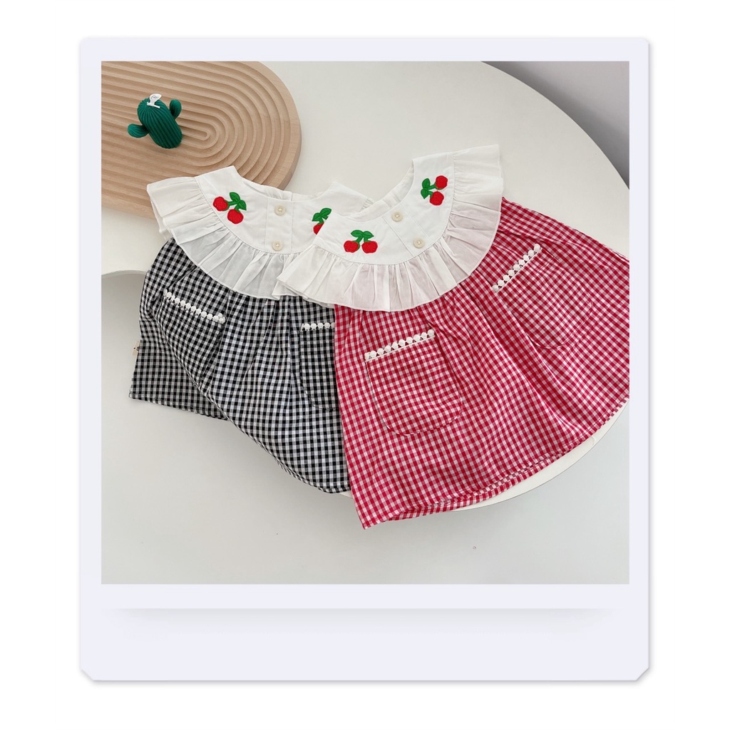 Váy hè caro thêu cherry chất vải thô mỏng mát mặc hè cho bé gái 8-20Kg-MaiMaiShop