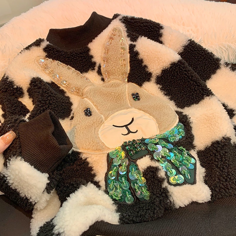 Áo sweater tròng đầu vải nhung thêu hình thỏ hoạt hình đáng yêu cho bé gái