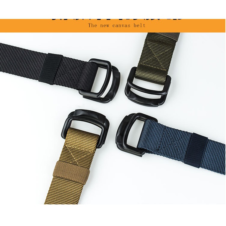 Dây nịt thắt lưng canvas dạng gài 2 thanh tròn khóa chữ D double ring rằn ri camo màu full đen
