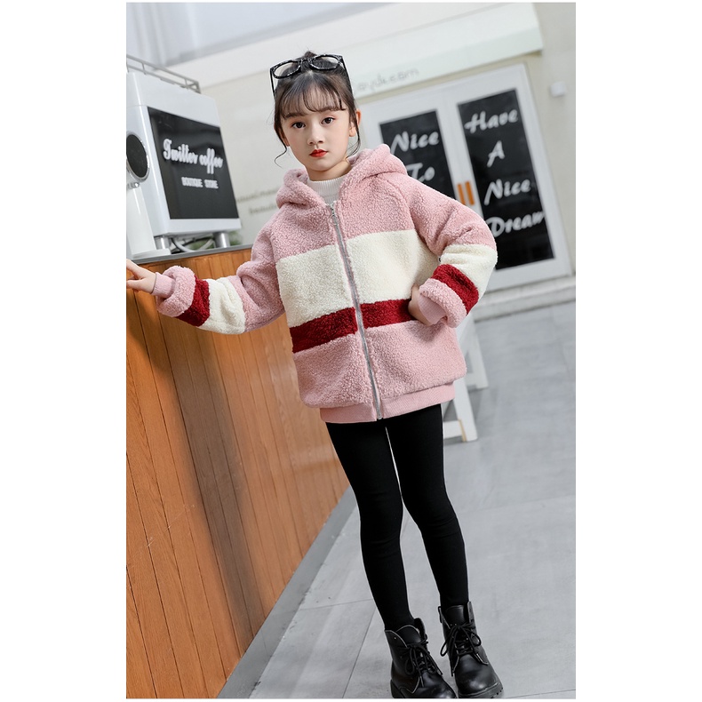 Áo khoác len dày IQ ANGEL ấm áp thời trang phối màu tương phản cho bé gái