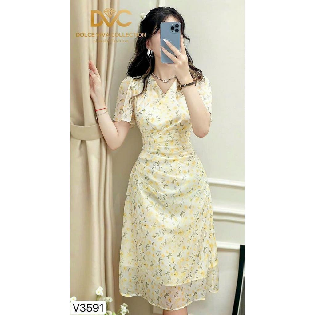 Đầm Voan Nữ Cổ V Xếp Ly Đính Cườm Eo Có Lót Sam Closet Phù Hợp Để Tới Công Sở, Đi Làm Hoặc Đi Chơi.