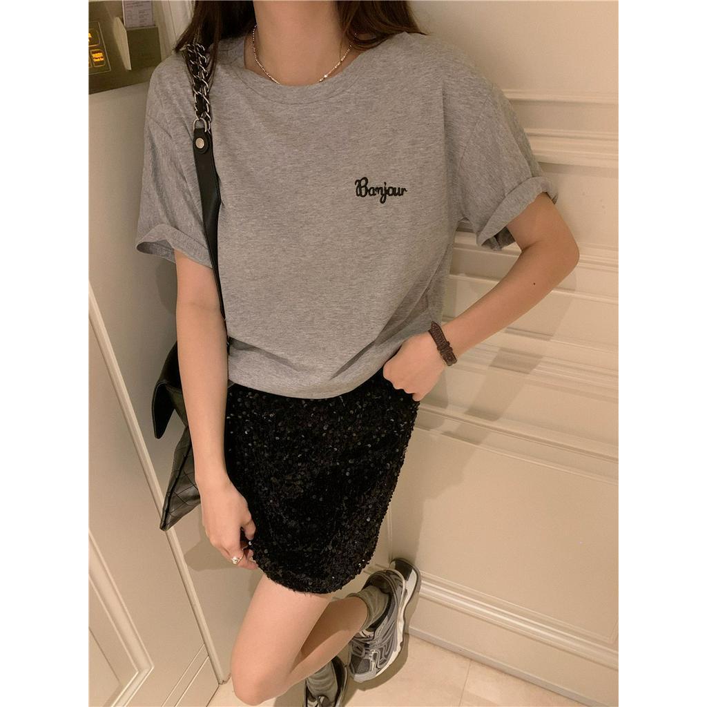 Áo Thun Cotton Cổ Tròn Dáng Rộng Ngắn Tay Thêu Hình Thời Trang Cá Tính 62379