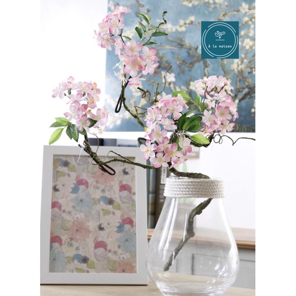 Cành hoa táo tây - hoa hải đường Đông Á cao 34cm từ lụa dùng trong trang trí decor