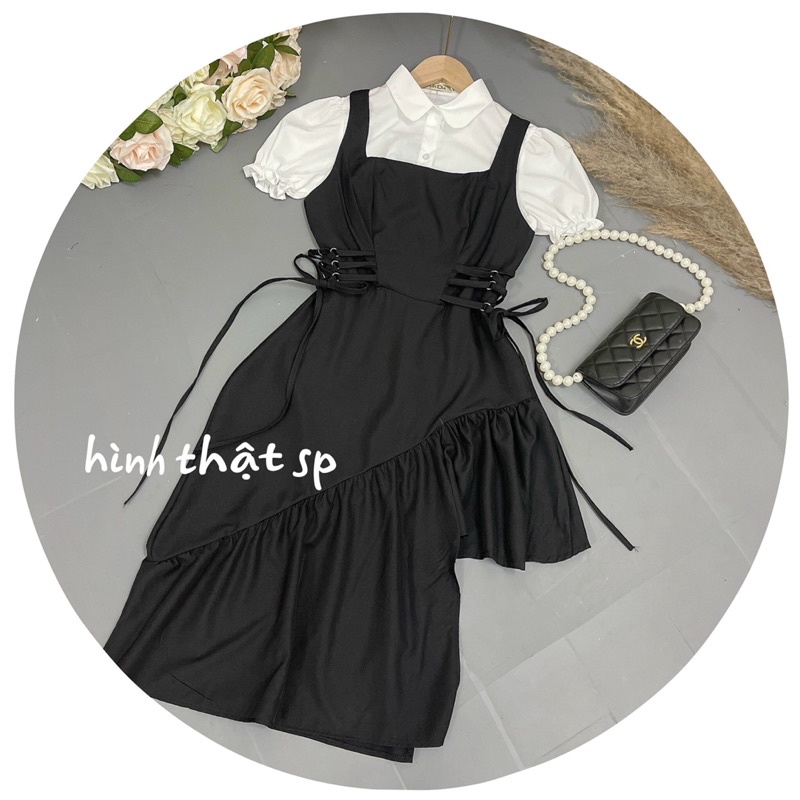 Set bộ váy yếm 2 món: áo sơ mi + váy đầm eo đan dây cá tính