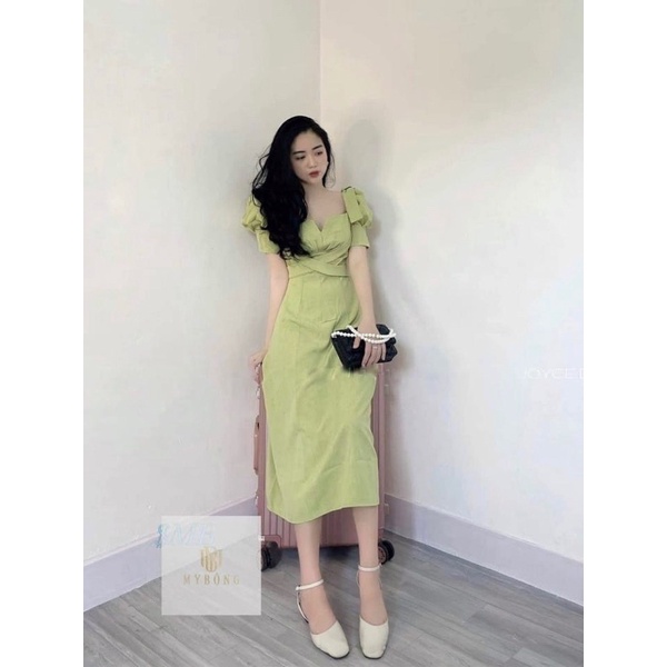Váy Xanh nơ Tay Bồng , Đầm triết Eo vô cùng Tôn dáng
