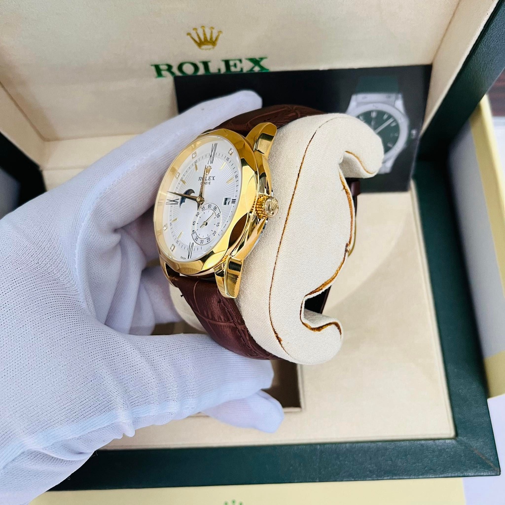 Đồng hồ Nam Rolex máy nhật, mẫu 3kim cắt vát mặt trắng viền vàng dây da, dòng cơ Automatic size 40mm-41mm
