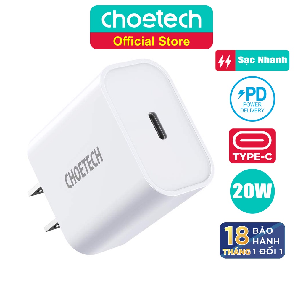 Adapter Củ Sạc CHOETECH PD 20W Chuyên Sạc Nhanh iPhone, iPad PD5005 - Hàng Chính Hãng