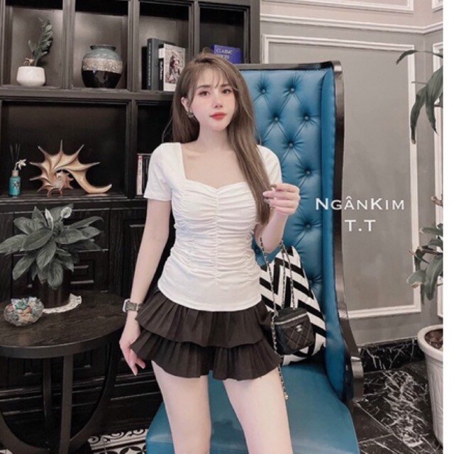 Áo kiểu dáng ôm ngắn tay cổ U, Áo thun ôm rúm thân cổ vuông sexxy AS6516 - NhiNhi Shop