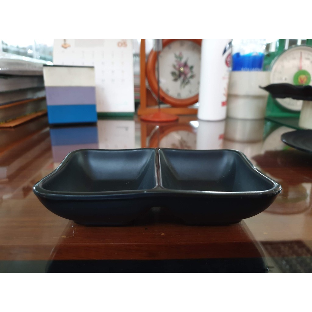 Đĩa chấm 2 ngăn nhựa Melamine Đen