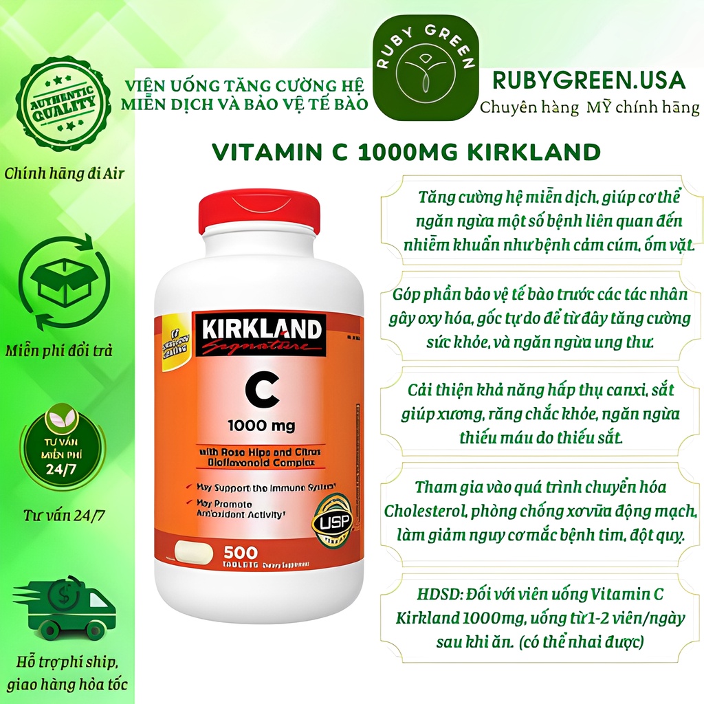 Viên Bổ Sung Kirkland Vitamin C 500mg, 1000mg 500 viên