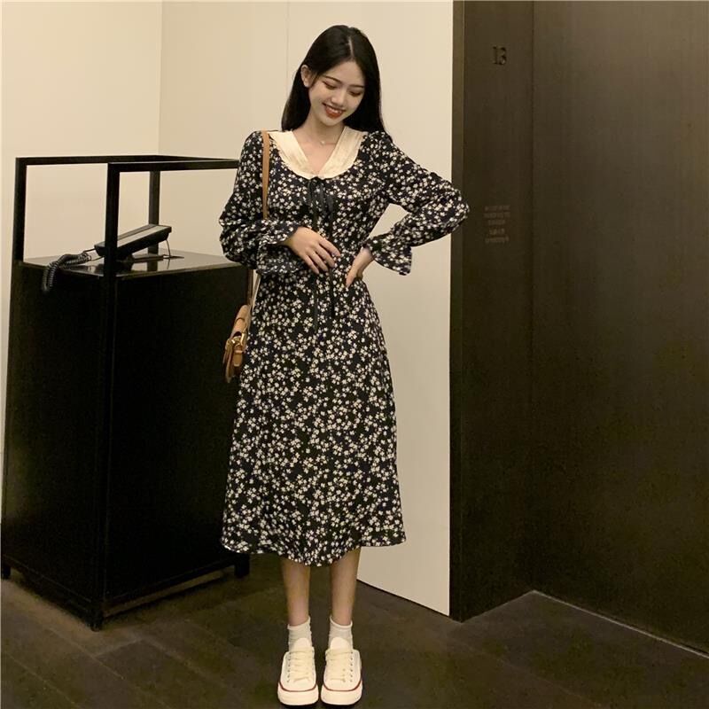 Đầm chữ a tay dài IELGY in họa tiết hoa phong cách vintage thời trang dành cho nữ