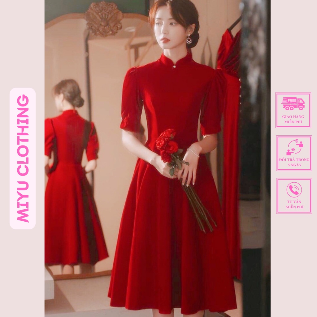 Váy dự tiệc đỏ xòe dáng dài đầm nữ đẹp đi tiệc trẻ trung nhẹ nhàng chất liệu Cotton gân mịn Miyu.Clothing