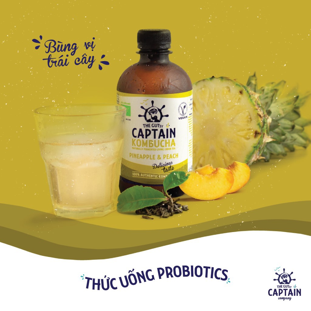 Trà KomBuCha hữu cơ Vị Đào Dứa Captain Kombucha Pineapple &amp; Peach