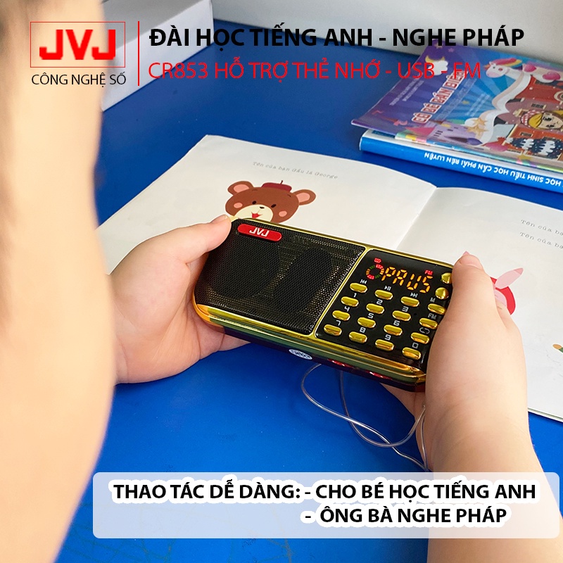 Loa đài JVJ J-853 3 pin siêu khỏe,đài FM,hỗ trợ thẻ nhớ, USB, học tiếng anh,nghe pháp