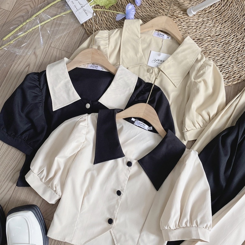 Set váy dáng dài kèm áo crotop cổ sơ mi tay bồng 3 màu FengHi
