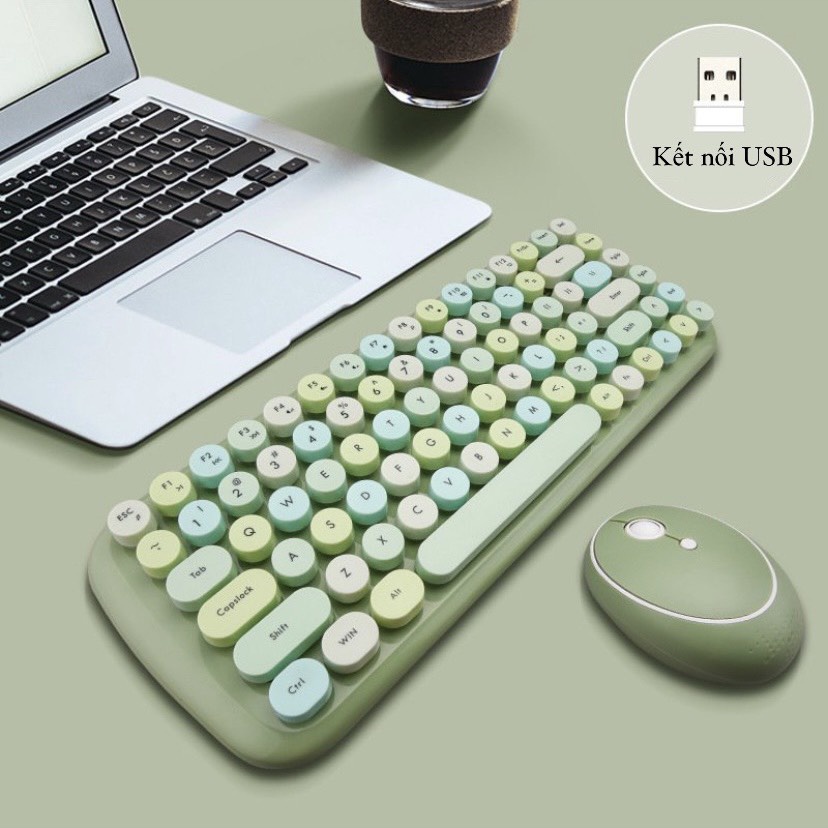 Combo Bàn phím và Chuột Không Dây Dùng Cho Laptop, Tivi Có Kèm USB Chuyển Đổi, Phím Gõ Không Ồn, Màu Sắc Dễ Thương