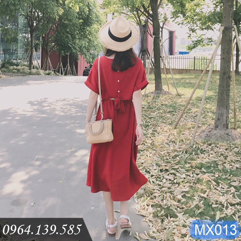 Đầm maxi đỏ đi biển tay lỡ, dáng đơn giản dễ mặc, cúc sau cùng nơ cách điệu xinh xắn | MX013