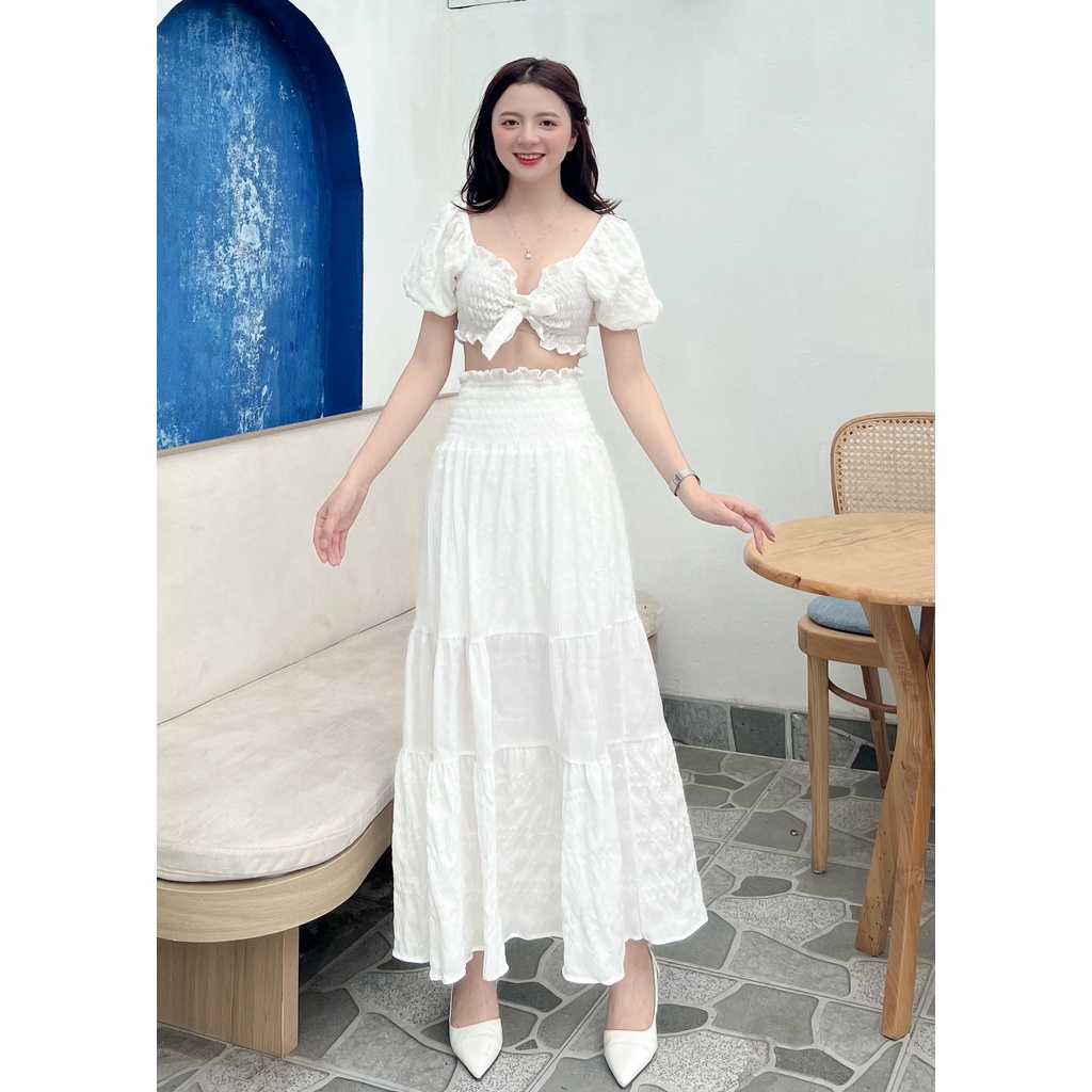 Set Áo Croptop Kèm Chân Váy Dáng Xòe Mặc 2 Kiểu 2094 OTOP, Đầm Maxi Đi Biển