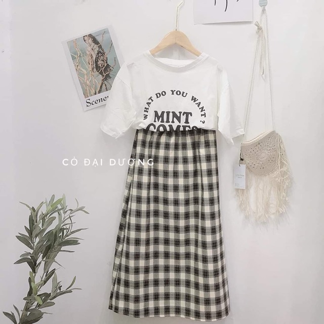Set Đồ POST SET gồm Chân váy dài và áo thun trắng hoạ tiết chữ chất vải dày dặn hàng nhập quảng chây tag đầy đủ