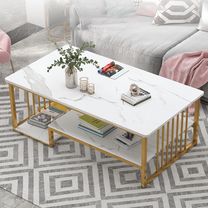 Bàn trà sofa thiết kế 2 tầng chân sắt tĩnh điện mặt bàn vân đá cẩm thạch MDF chống xước phong cách hiện đại