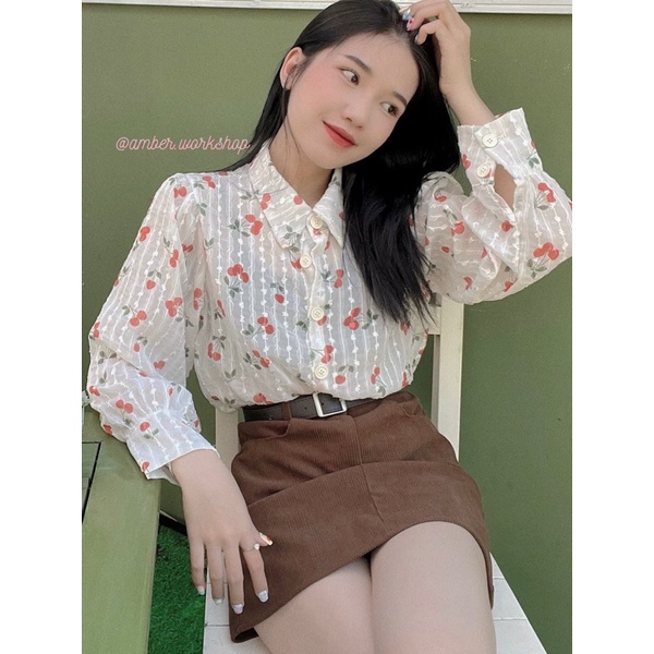 Áo sơ mi voan hoạ tiết cherry vintage