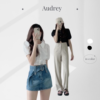 A1345 áo sơ mi nữ ngắn tay audrey chất xốp tay bồng khuy ngọc