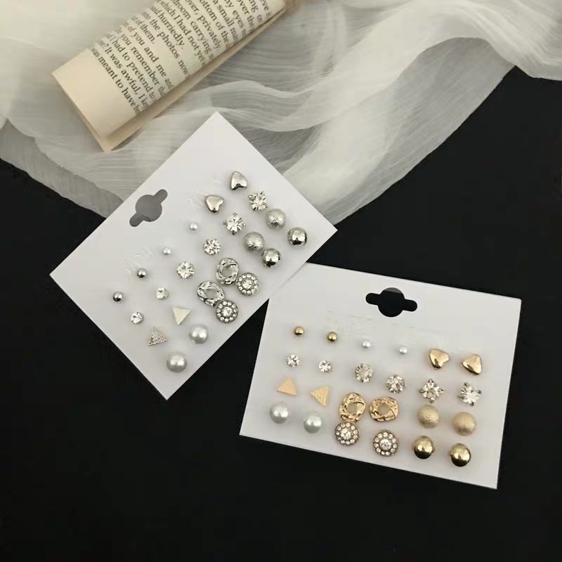 Set 12 đôi bông tai không trùng nhau có đính đá kim cương phong cách Nhật Bản Hàn Quốc dành cho nữ đeo một tuần