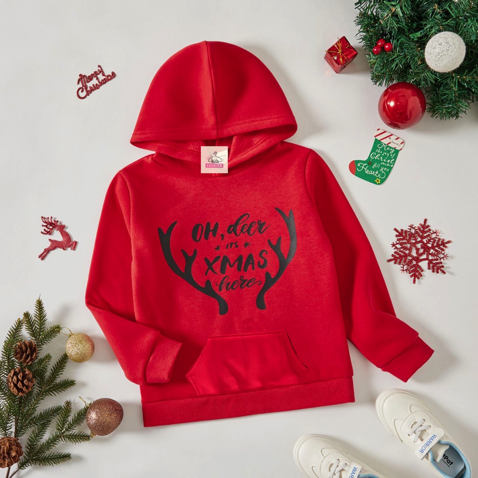 Áo Nỉ ấm mùa đông cho bé - Áo Thu đông dài tay cho bé Cotton Da cá cao cấp mẫu Noel Giáng Sinh Xmas Nón Túi màu Đỏ Vàn