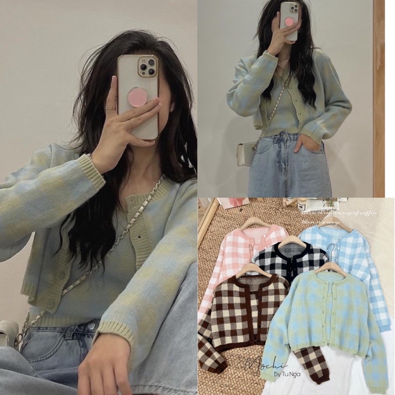 [Ảnh thật/Video]Set mongtogi kẻ caro đồ gồm áo cadigan len và áo hai dây croptop tôn dáng Set cadigan Hàn Quốc