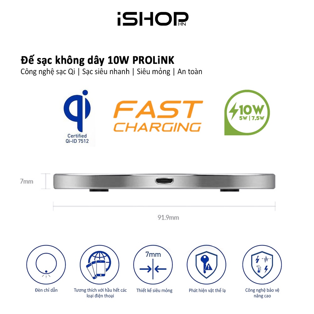 Đế sạc không dây 10W Prolink PQC1005, tiêu chuẩn sạc Qi, thiết kế siêu mỏng, hỗ trợ sạc nhanh, an toàn cho điện thoại