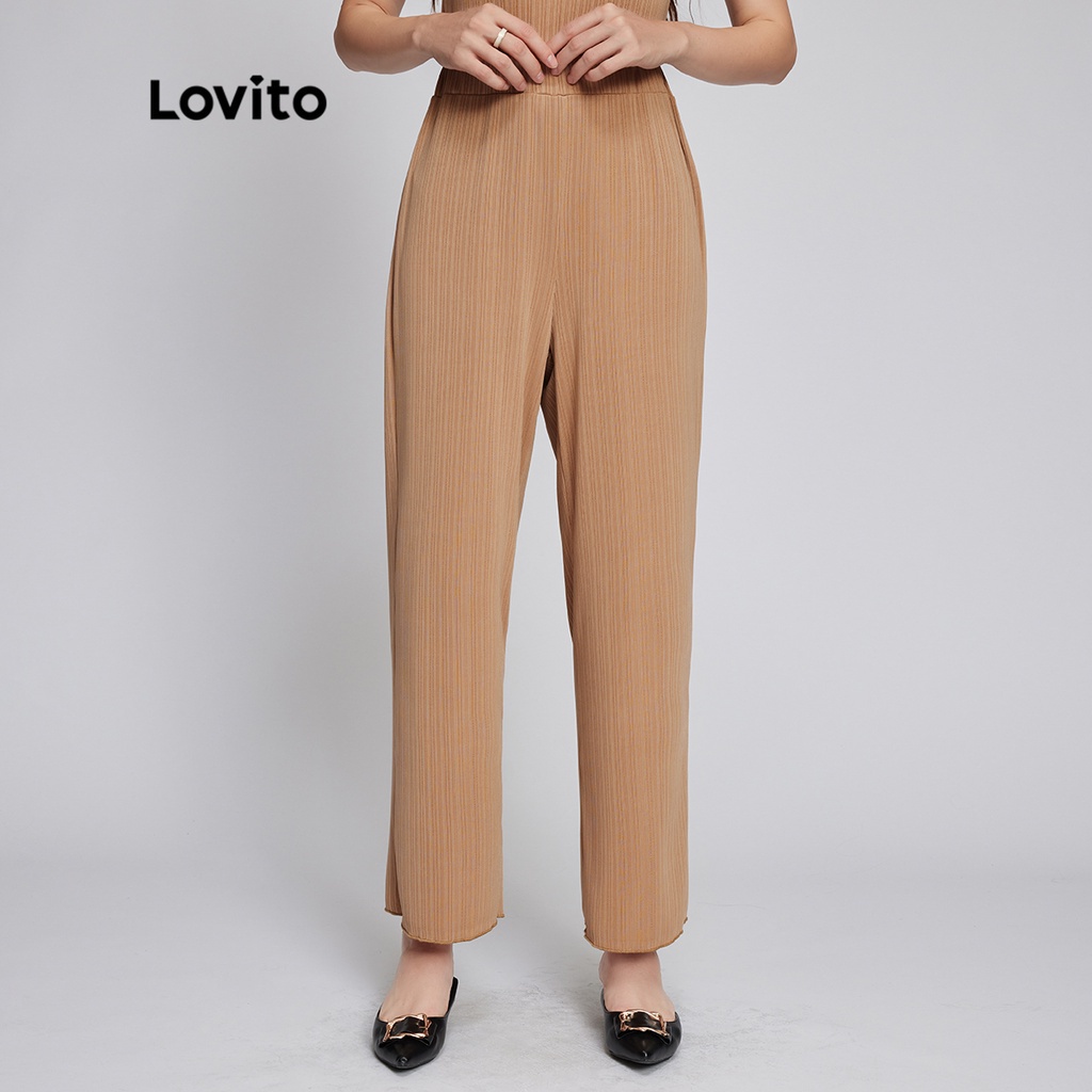 Quần dài Lovito phong cách thường ngày màu trơn eo co giãn eo cao dệt sợi L26LD091 (màu kaki)