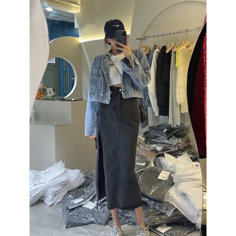 Chân Váy Jeans Dài Lưng Cao Xẻ Tà Phong Cách Hàn Quốc Thời Trang Xuân Hè 2021 Cho Nữ | BigBuy360 - bigbuy360.vn