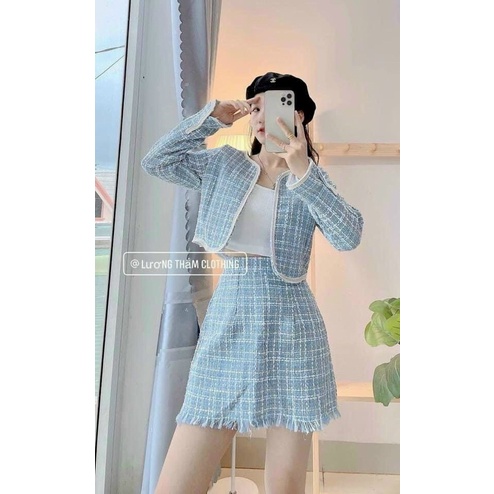 Set dạ tweet 3 món áo caro xanh tay dài phối viền, chân váy chữ a kèm áo lót trong (ảnh chụp thật)