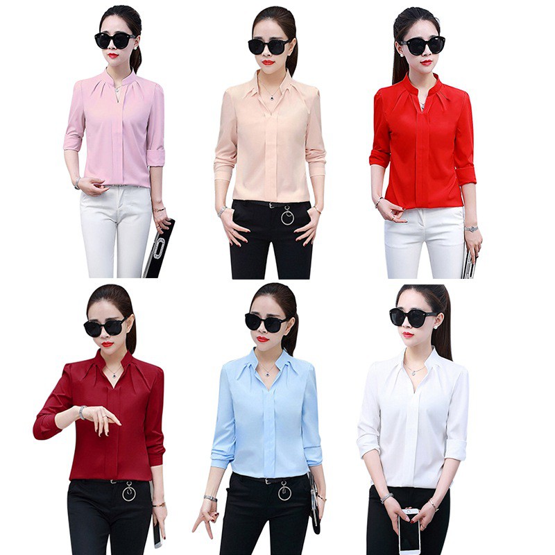 [Baywellfashion]Áo sơ mi vải chiffon tay dài cổ V thanh lịch và duyên dáng cho nữ