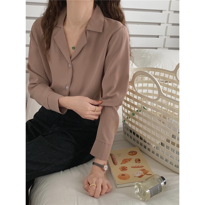 SUXI Áo Sơ Mi Tay Dài Cổ Chữ V Màu Sắc Đơn Giản Phong Cách Hàn Quốc Dành Cho Nữ