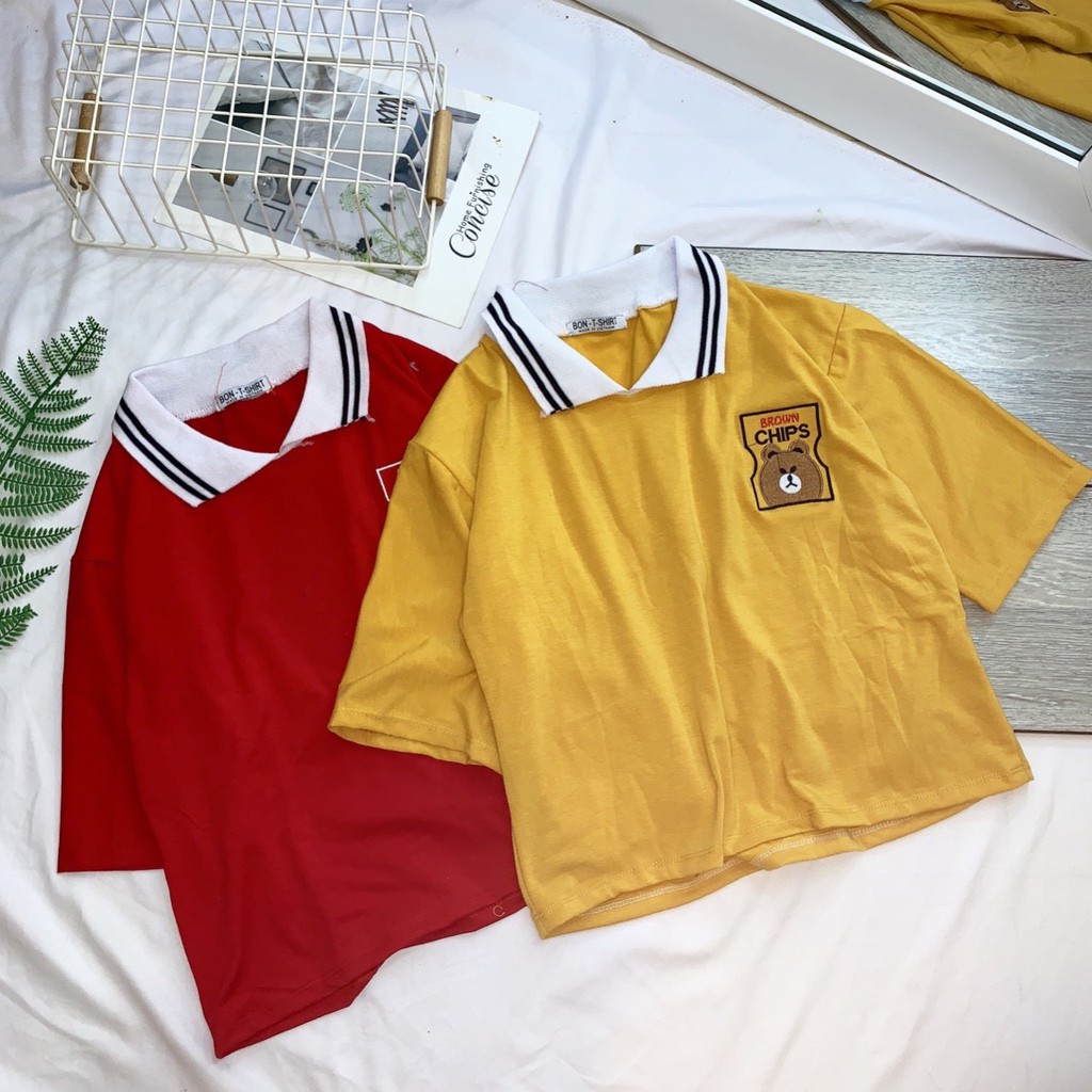 Áo polo croptop mẫu sọc cổ thêu gấu Brown xinh xắn