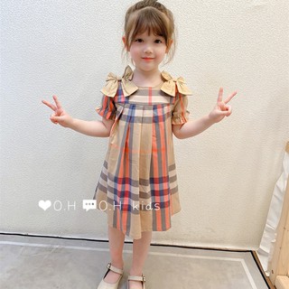 [VAN14002] Váy kẻ Burberry vai đính nơ chất thô dáng xoè chữ A  có size cho bé từ 1 tới 7 tuổi vô cùng xinh yêu