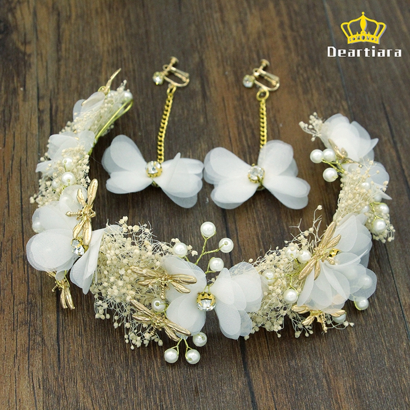 Set băng đô và bông tai trang trí hoa cho cô dâu