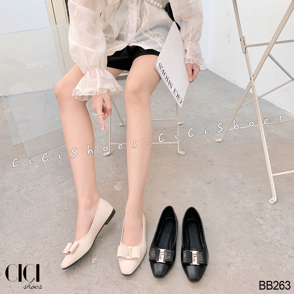 Giày búp bê nữ CiCi Shoes, giầy bệt da lì mũi thon nơ ngang - BB263