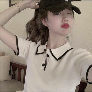 Áo polo croptop dệt kim cổ bẻ phối viền màu xẻ vạt , freesize