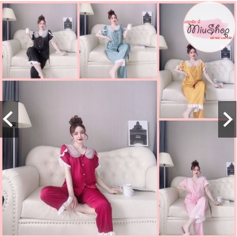 👉👉Sale!!!👉👉Đồ bộ lụa satin cao cấp cổ 3 lá phối ren tay ngắn quần dài 👉👉dễ thương đồ ngủ lụa satin có tay freesize